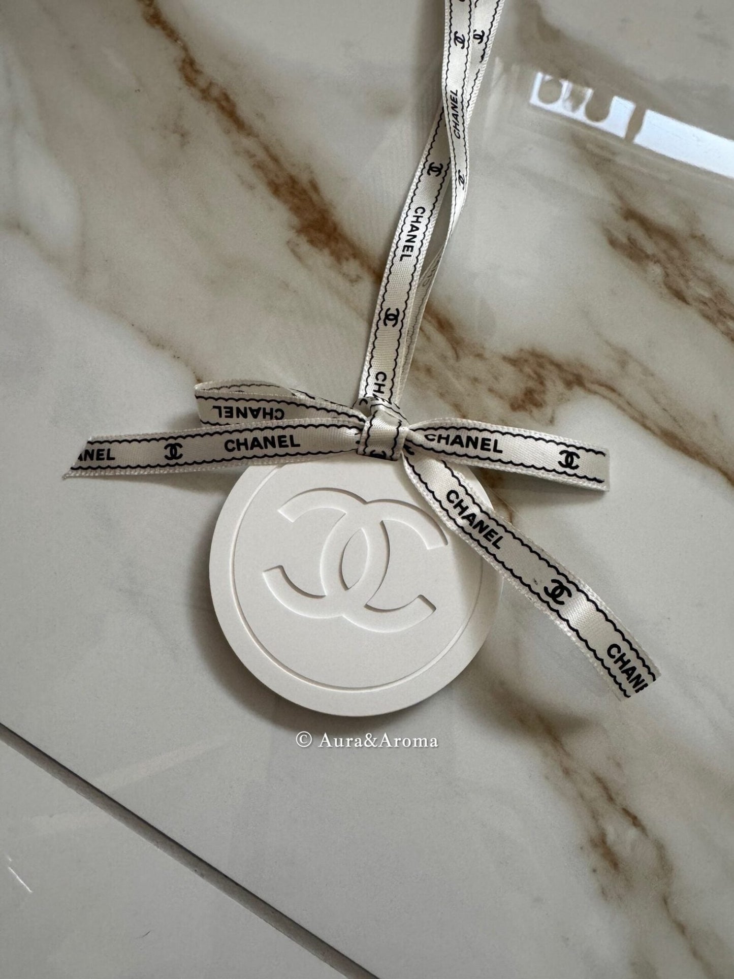 Chanel inspired car and home hanging air freshener perfect gift present anniversary and birthday - black and white ribbon - Aura & Aroma