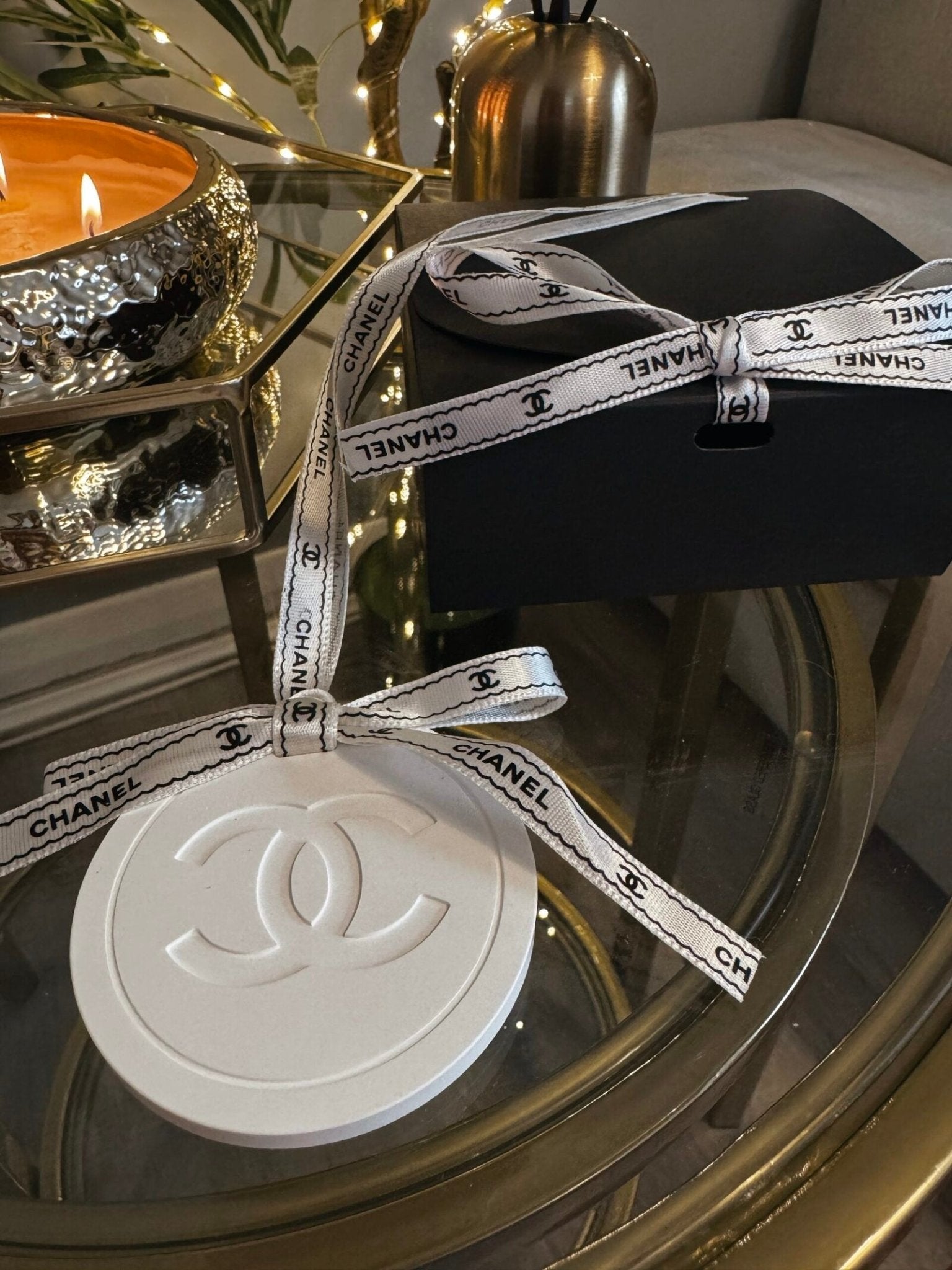 Chanel inspired car and home hanging air freshener perfect gift present anniversary and birthday - black and white ribbon - Aura & Aroma