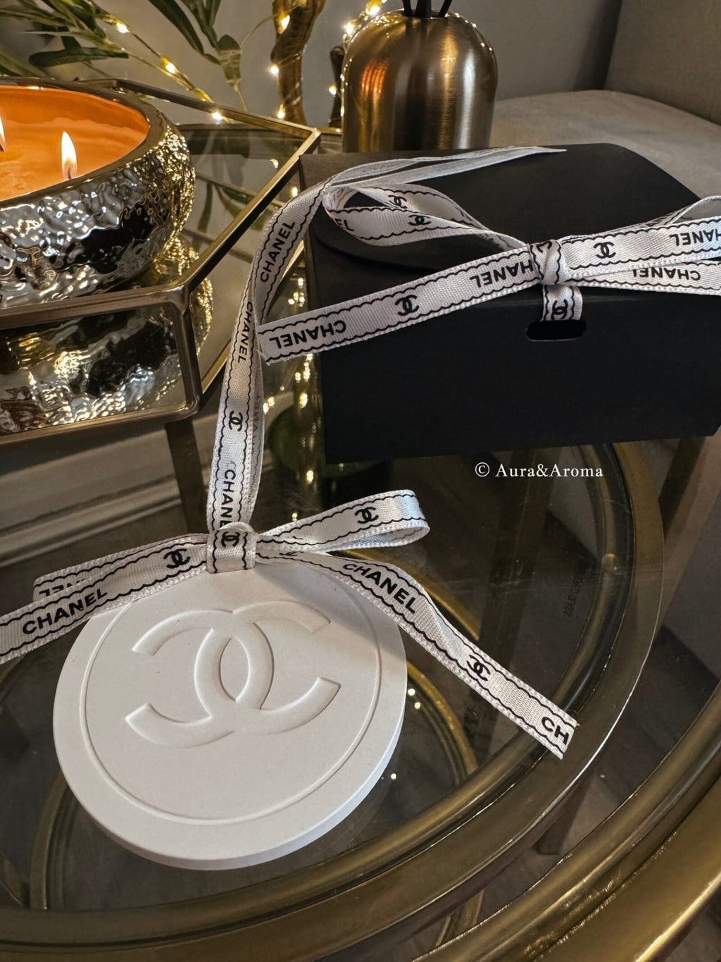 Chanel inspired car and home hanging air freshener perfect gift present anniversary and birthday - black and white ribbon - Aura & Aroma
