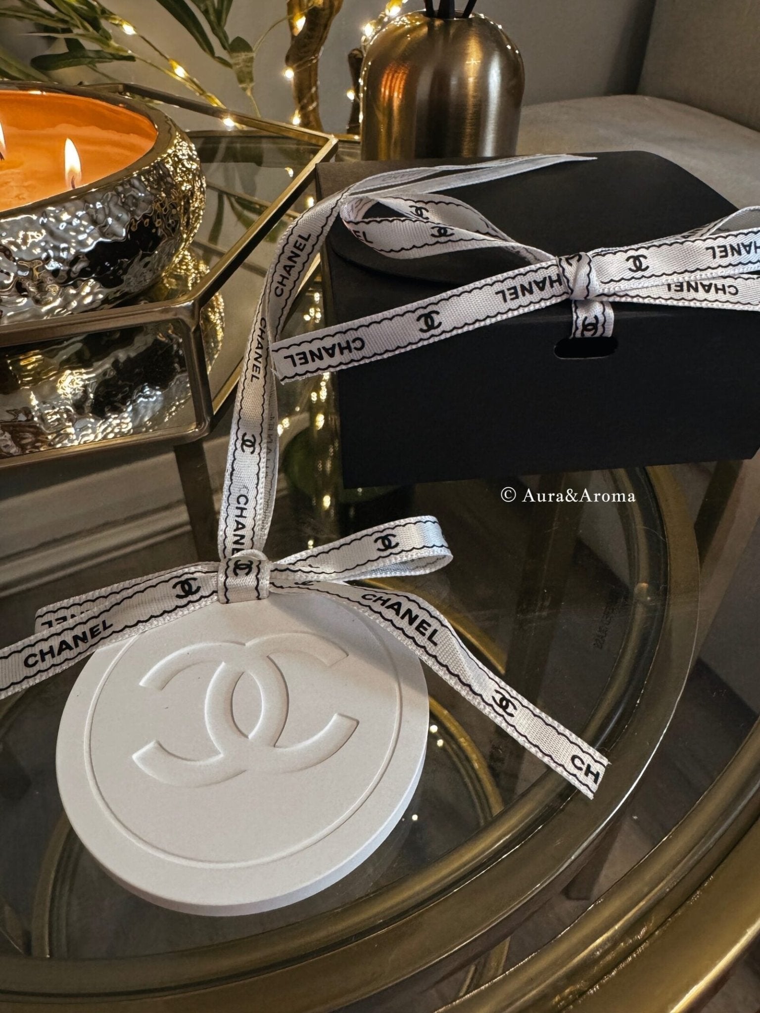 Chanel inspired car and home hanging air freshener perfect gift present anniversary and birthday - black and white ribbon - Aura & Aroma