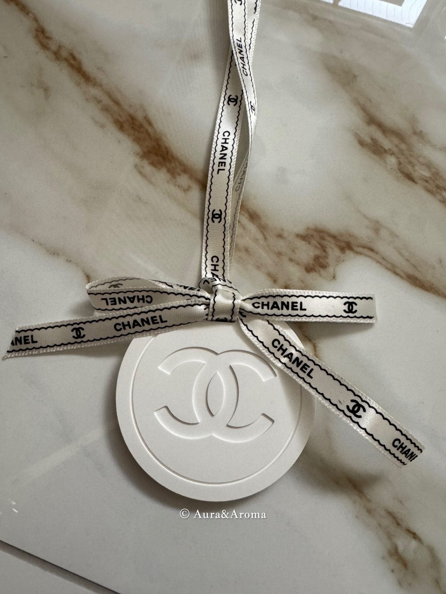 Chanel inspired car and home hanging air freshener perfect gift present anniversary and birthday - black and white ribbon - Aura & Aroma