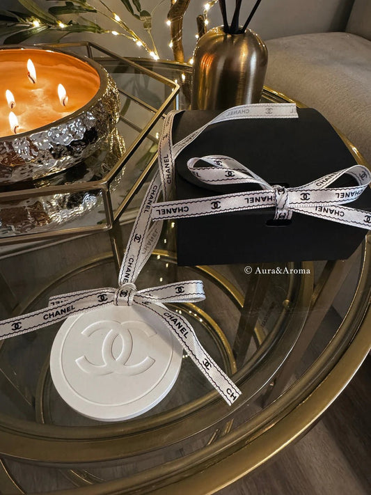 Chanel inspired car and home hanging air freshener perfect gift present anniversary and birthday - black and white ribbon - Aura & Aroma