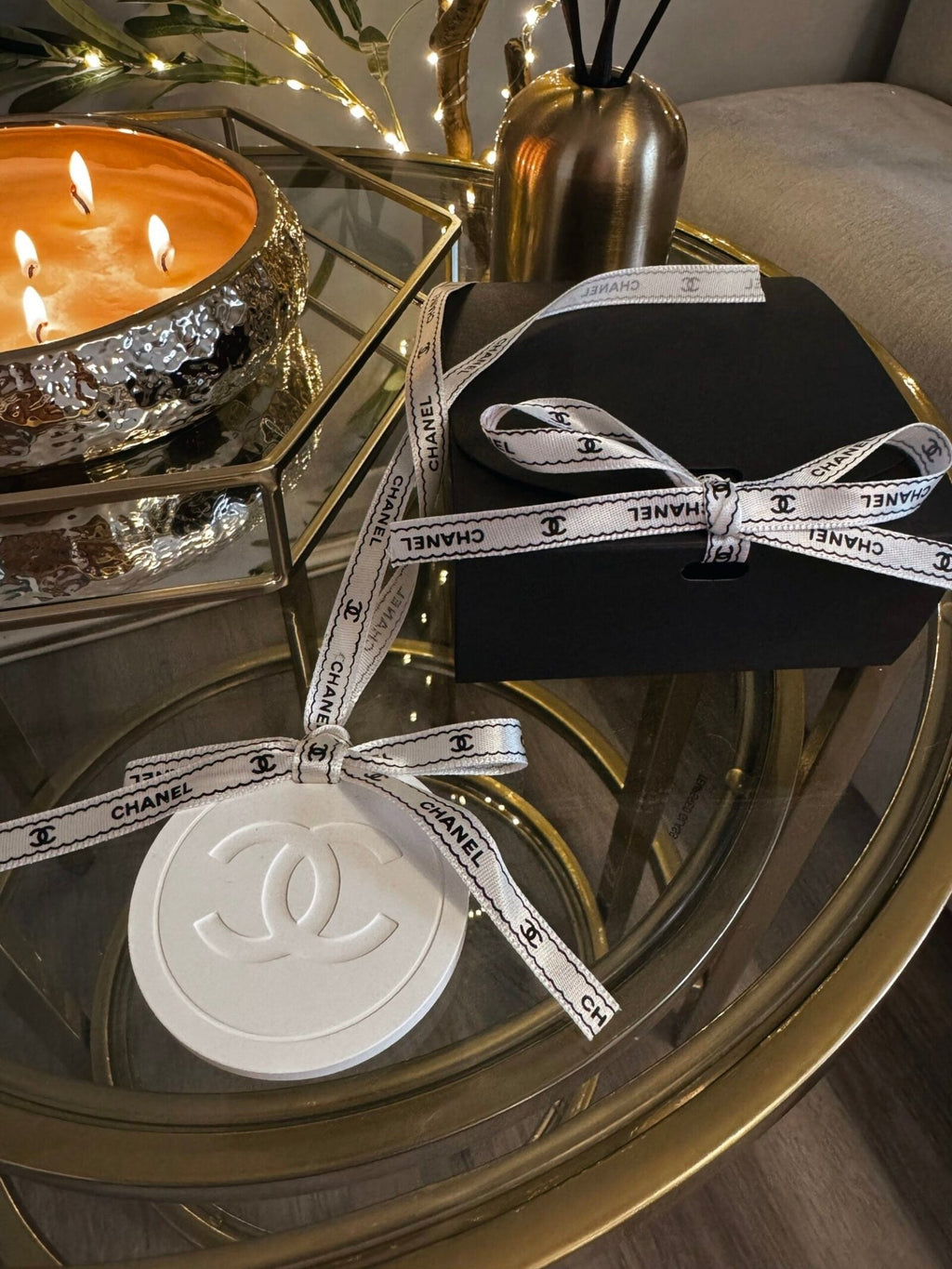 Chanel inspired car and home hanging air freshener perfect gift present anniversary and birthday - black and white ribbon - Aura & Aroma