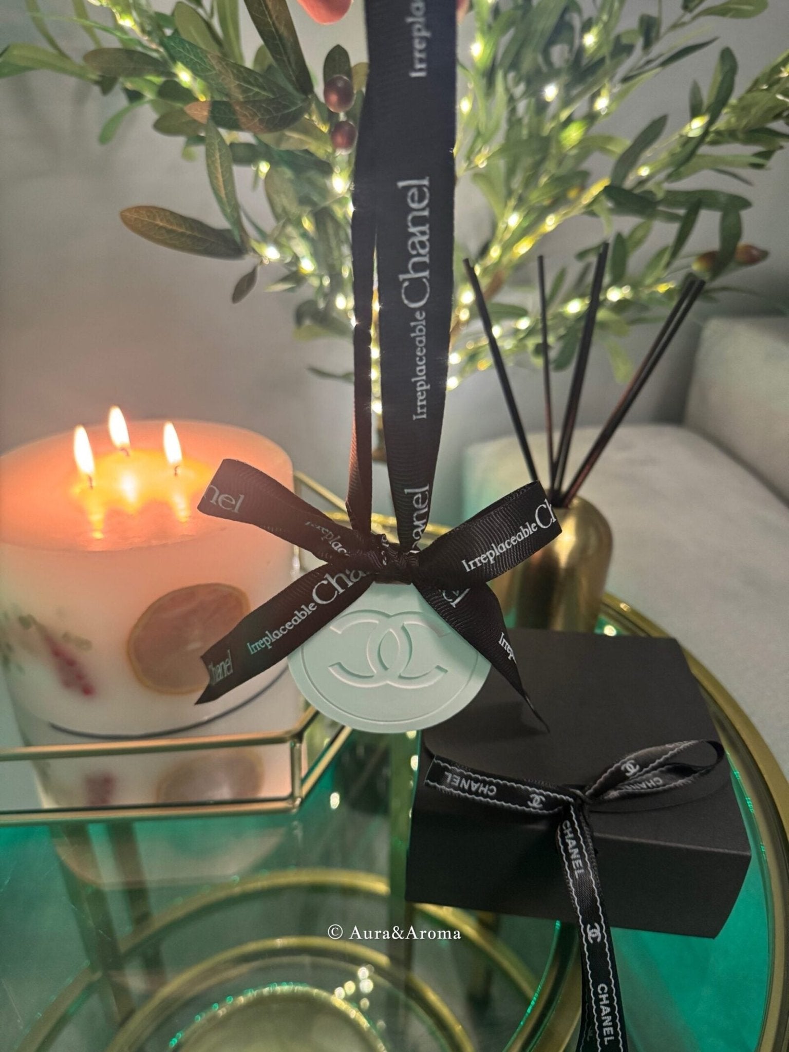 Chanel inspired car and home hanging air freshener perfect gift present anniversary and birthday - black ribbon - Aura & Aroma