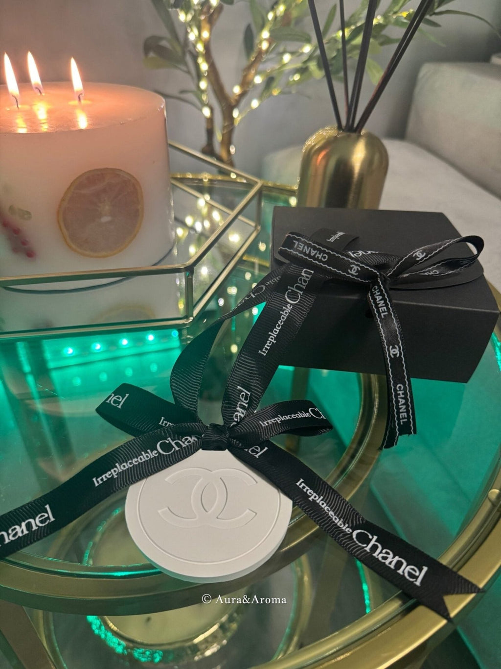 Chanel inspired car and home hanging air freshener perfect gift present anniversary and birthday - black ribbon - Aura & Aroma