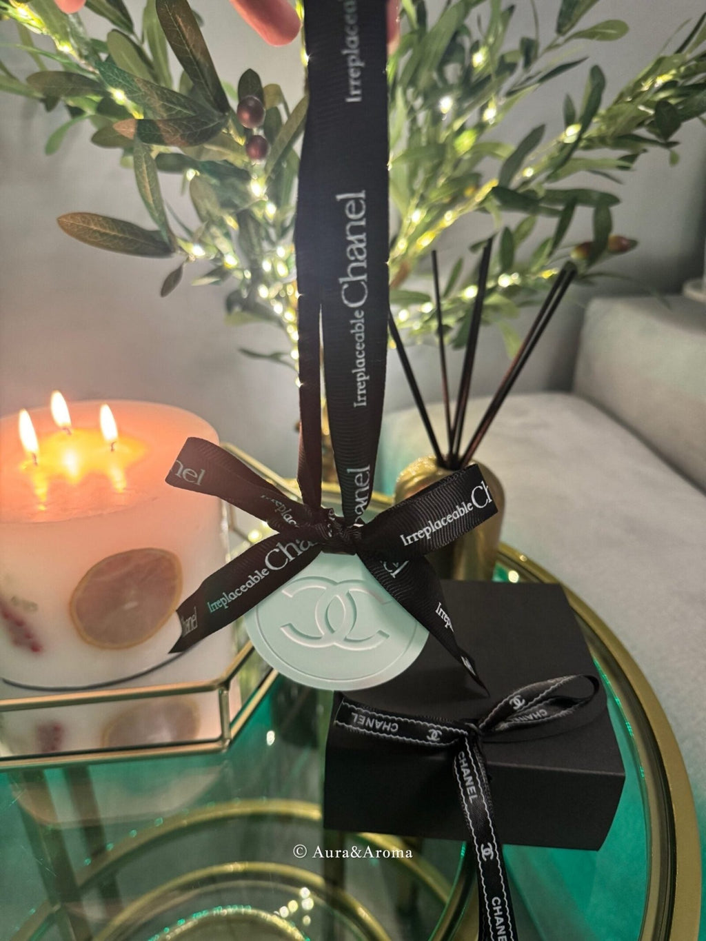 Chanel inspired car and home hanging air freshener perfect gift present anniversary and birthday - black ribbon - Aura & Aroma