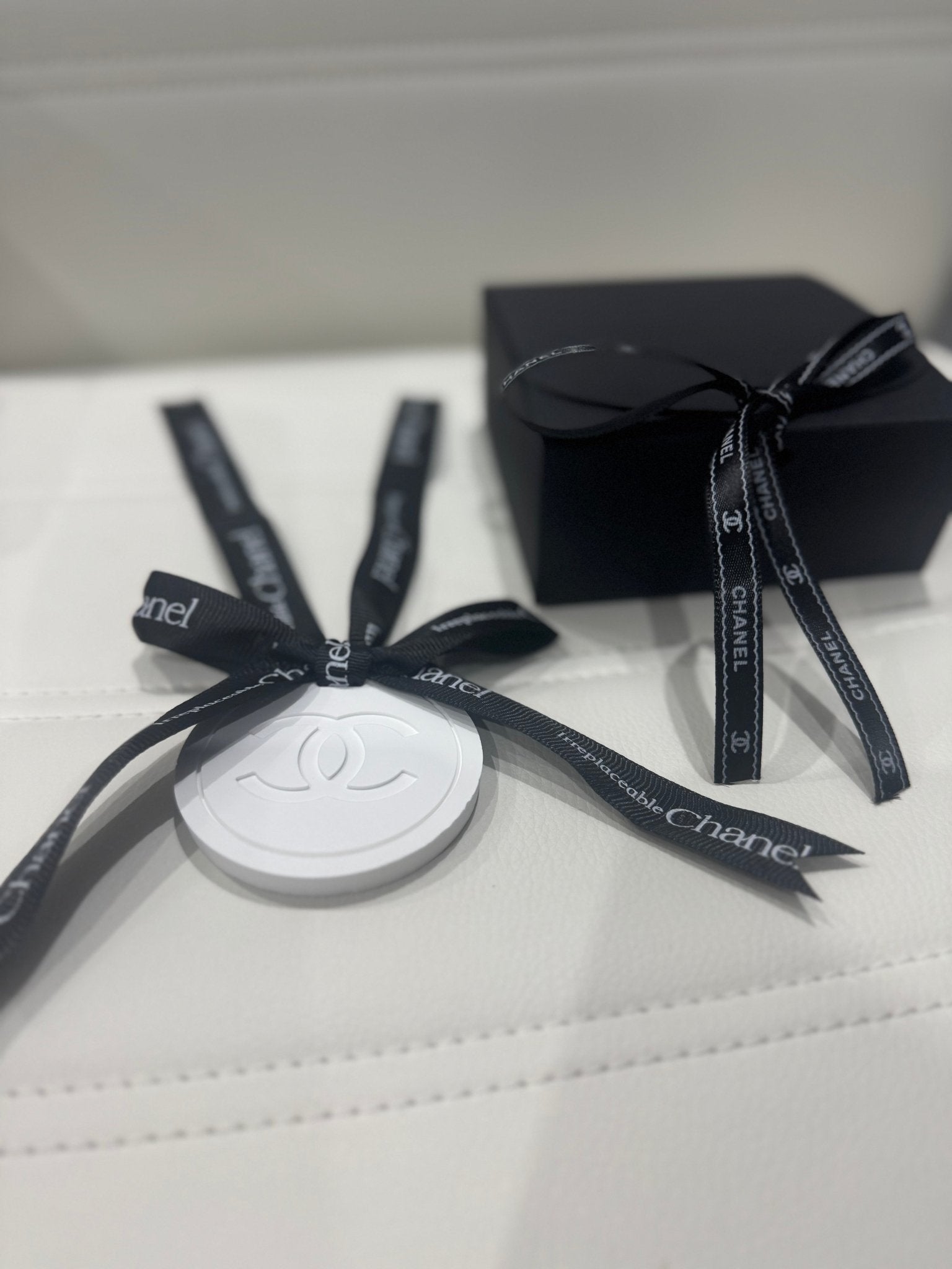 Chanel inspired car and home hanging air freshener perfect gift present anniversary and birthday - black ribbon - Aura & Aroma