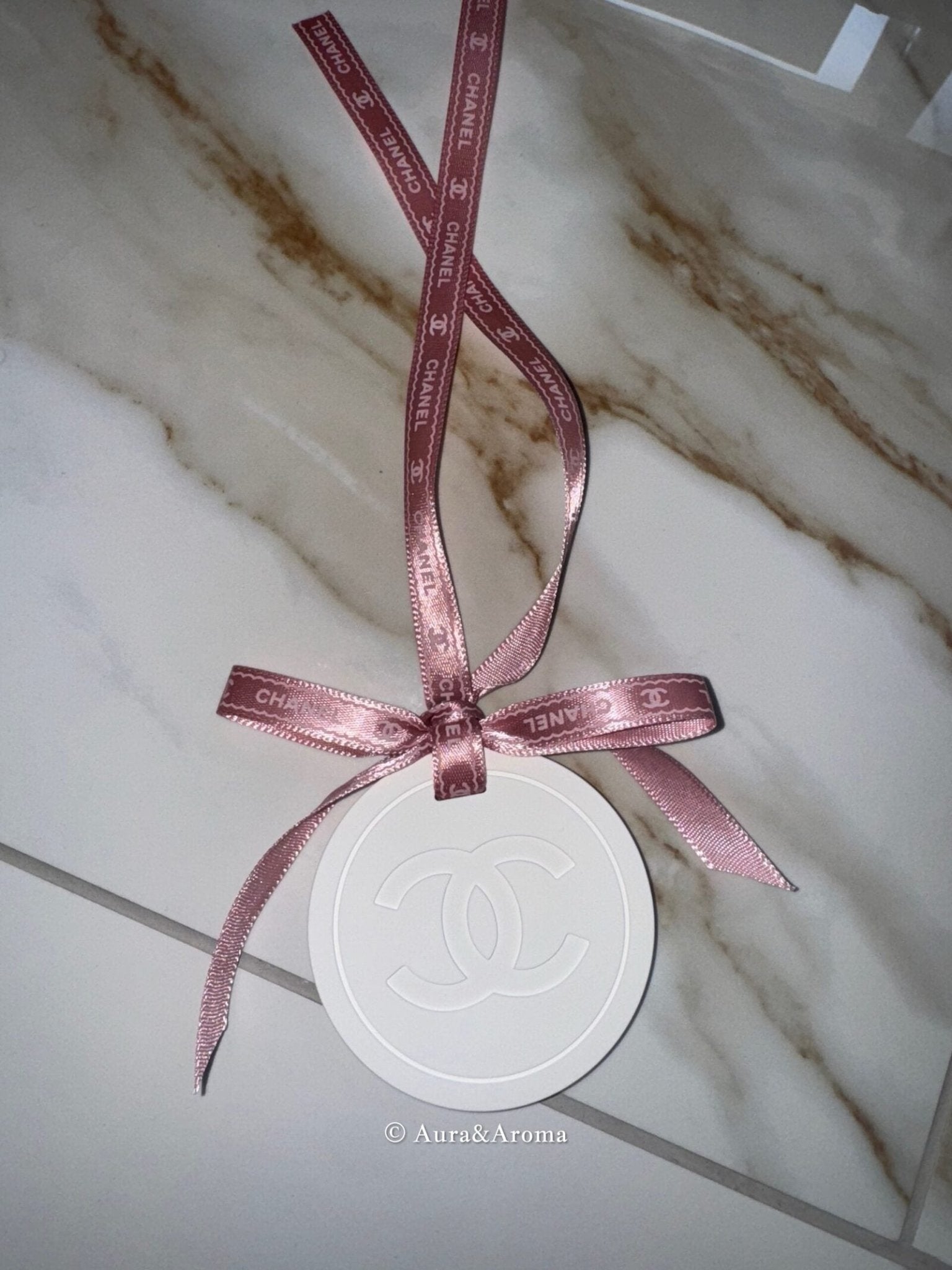 Chanel inspired car and home hanging air freshener perfect gift present anniversary and birthday - chanel pink ribbon - Aura & Aroma