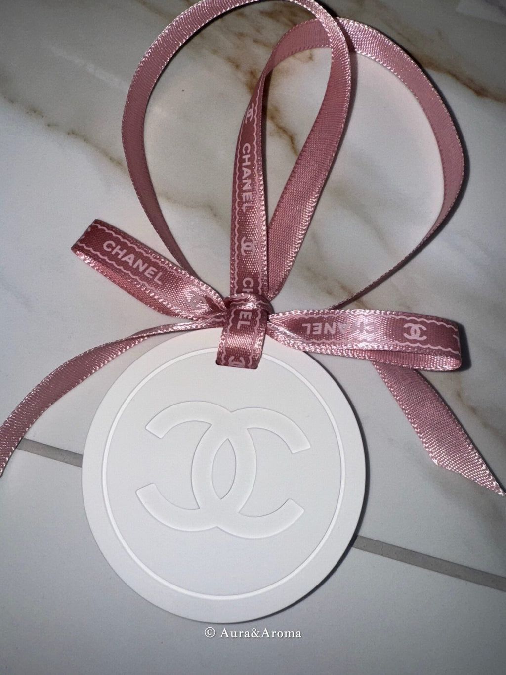 Chanel inspired car and home hanging air freshener perfect gift present anniversary and birthday - chanel pink ribbon - Aura & Aroma