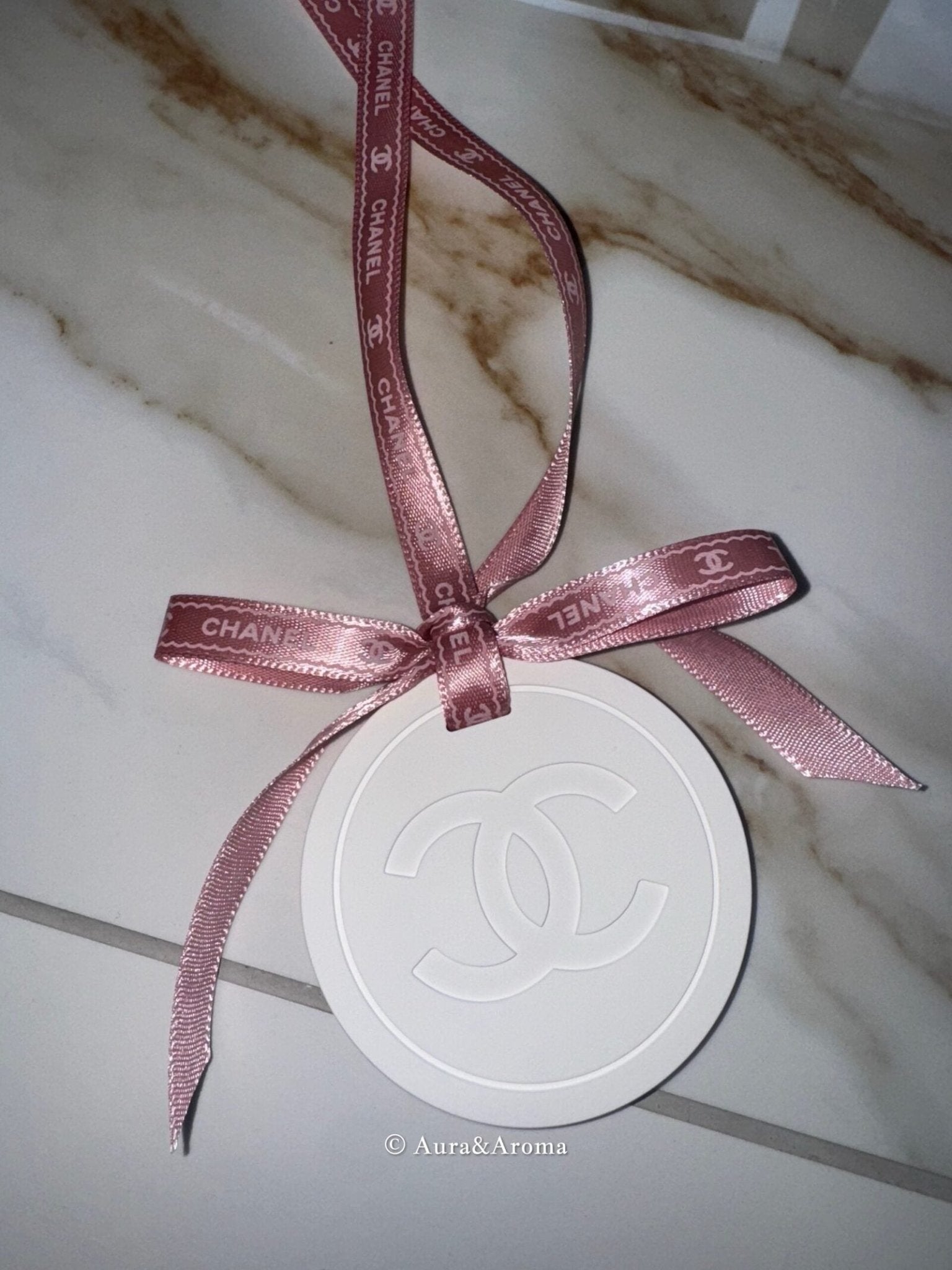 Chanel inspired car and home hanging air freshener perfect gift present anniversary and birthday - chanel pink ribbon - Aura & Aroma
