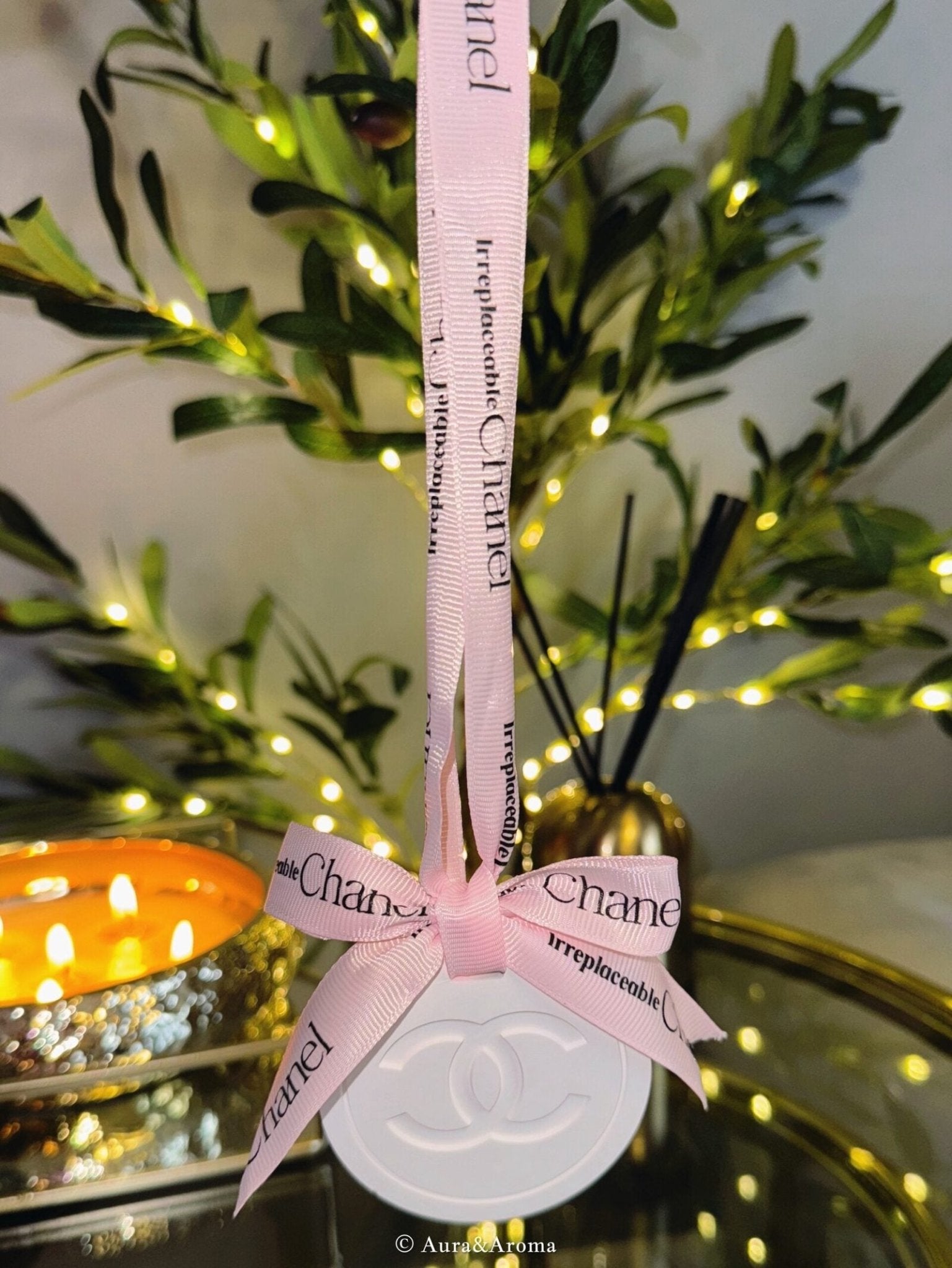 Chanel inspired car and home hanging air freshener perfect gift present anniversary and birthday - pink ribbon - Aura & Aroma