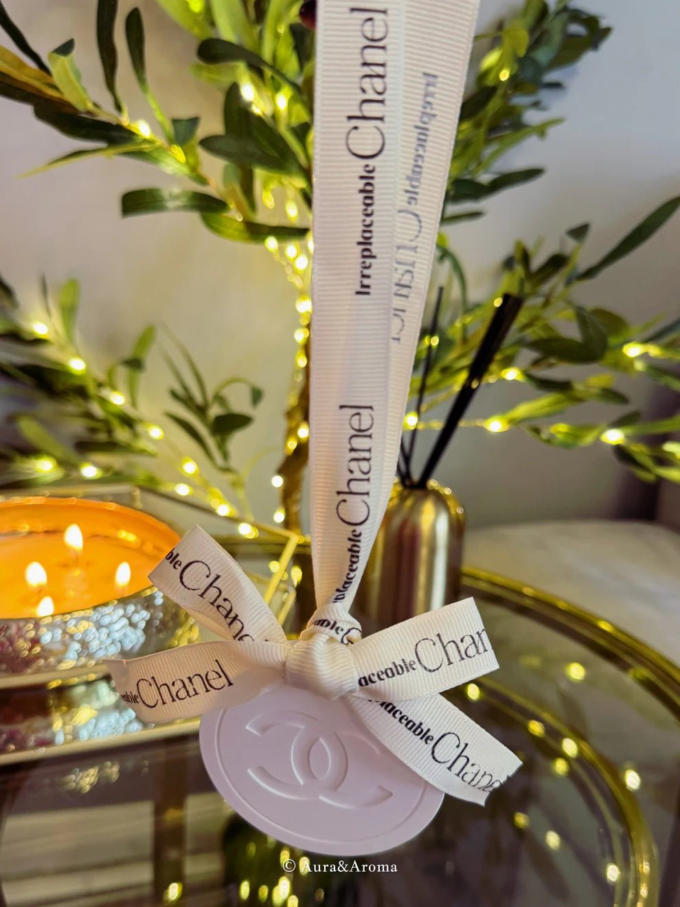Chanel inspired car and home hanging air freshener perfect gift present anniversary and birthday - white ribbon - Aura & Aroma