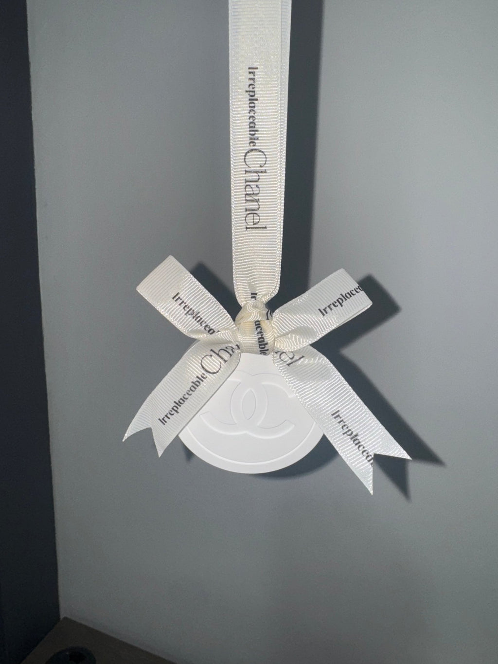 Chanel inspired car and home hanging air freshener perfect gift present anniversary and birthday - white ribbon - Aura & Aroma