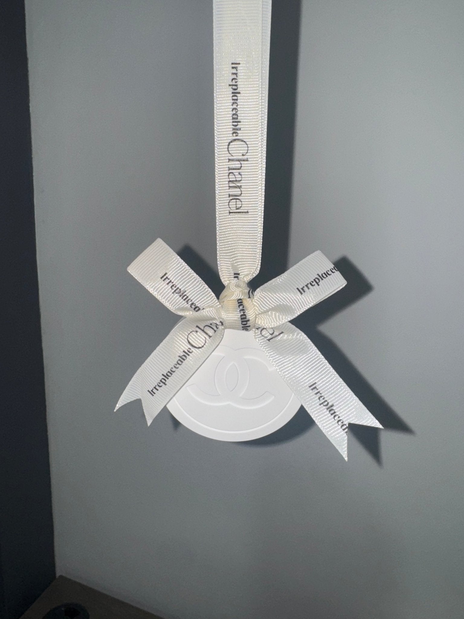 Chanel inspired car and home hanging air freshener perfect gift present anniversary and birthday - white ribbon - Aura & Aroma