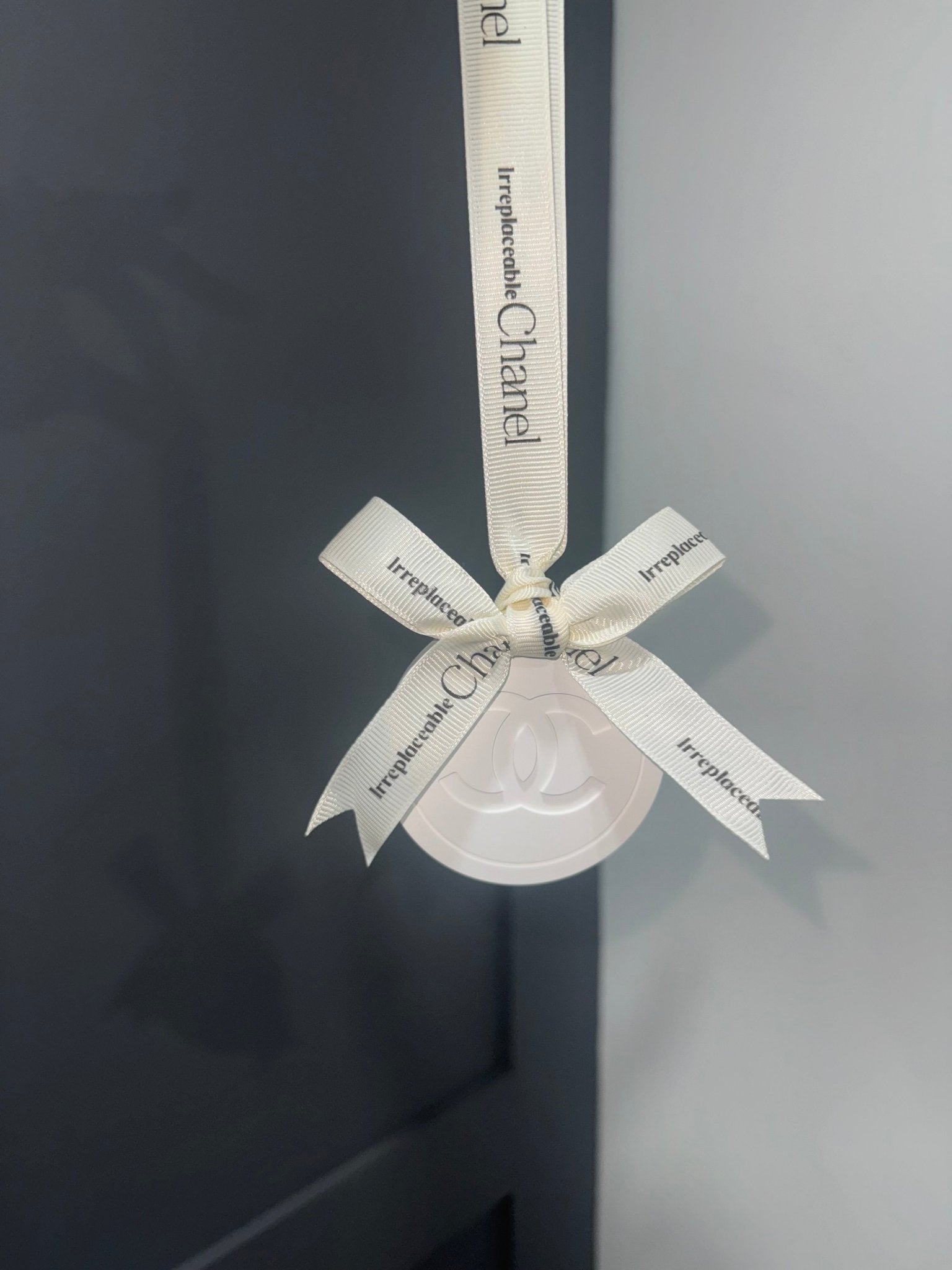 Chanel inspired car and home hanging air freshener perfect gift present anniversary and birthday - white ribbon - Aura & Aroma