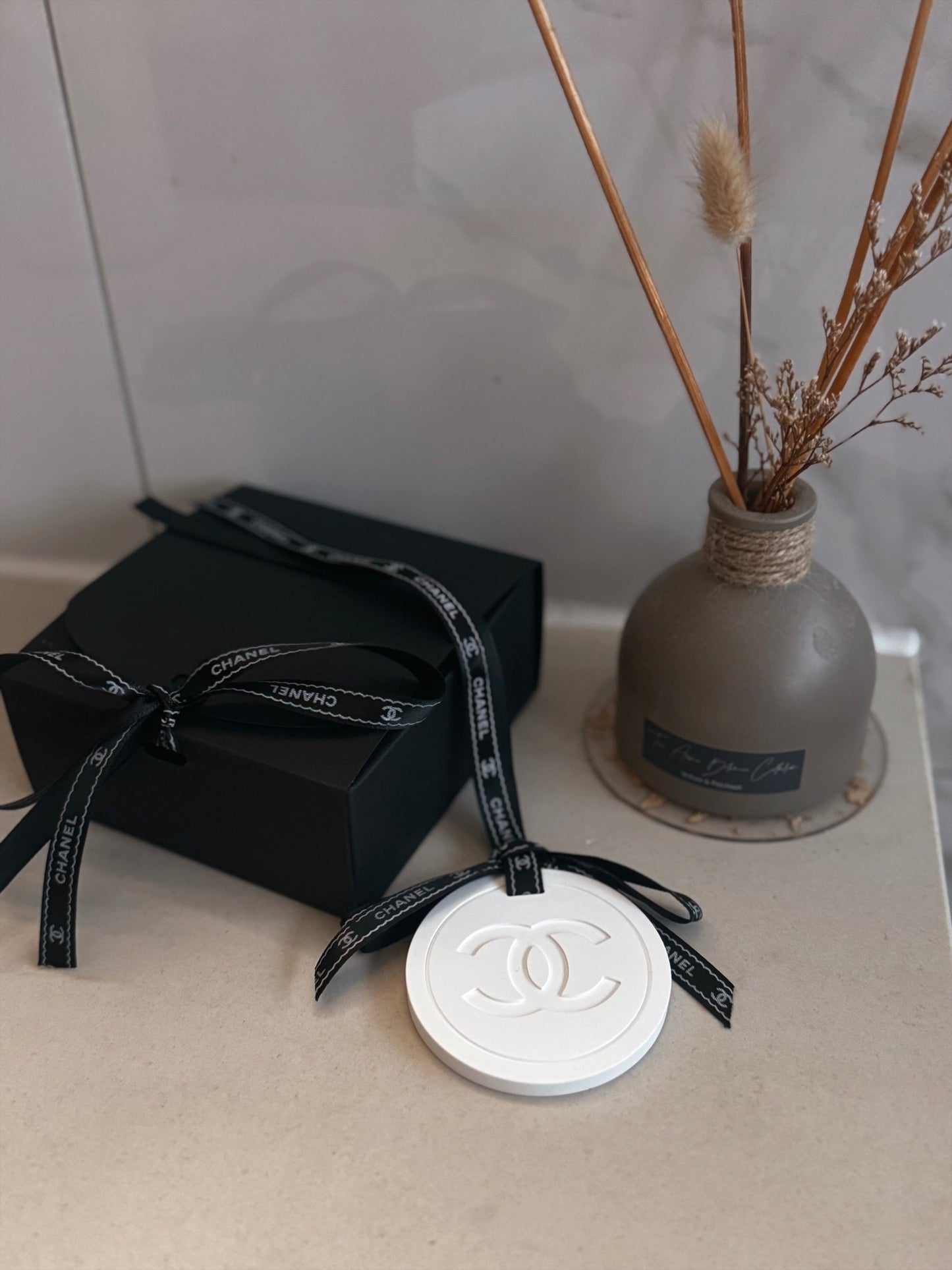 Chanel inspired car and home hanging air freshener perfect gift present anniversary and birthday - white ribbon Christmas decorations - Aura & Aroma