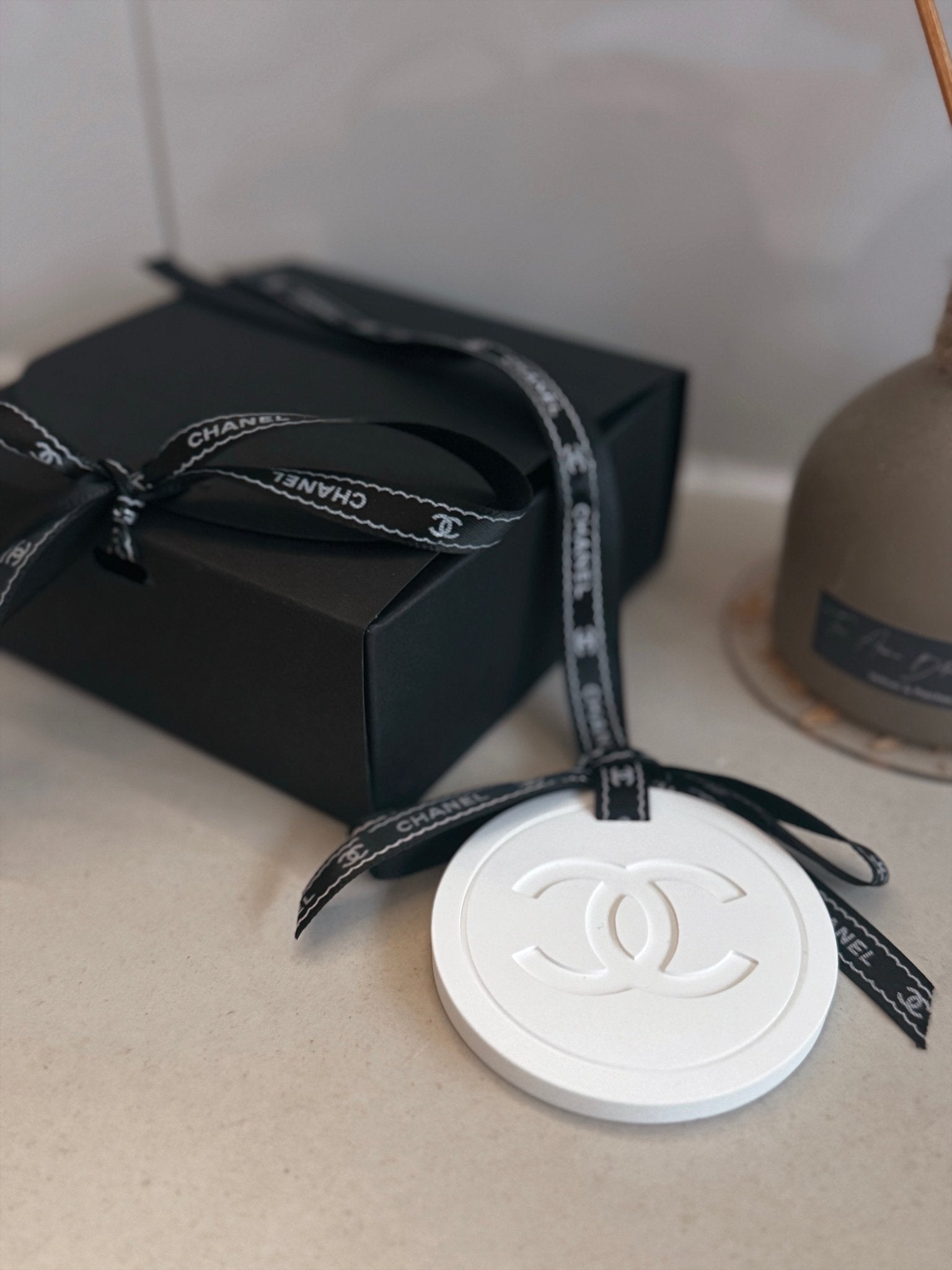 Chanel inspired car and home hanging air freshener perfect gift present anniversary and birthday - white ribbon Christmas decorations - Aura & Aroma