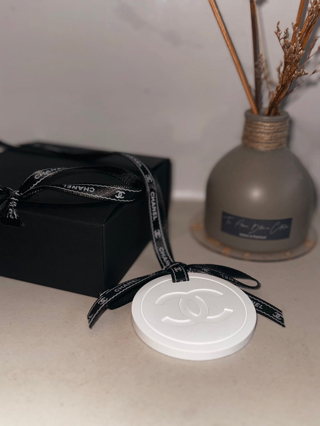 Chanel inspired car and home hanging air freshener perfect gift present anniversary and birthday - white ribbon Christmas decorations - Aura & Aroma