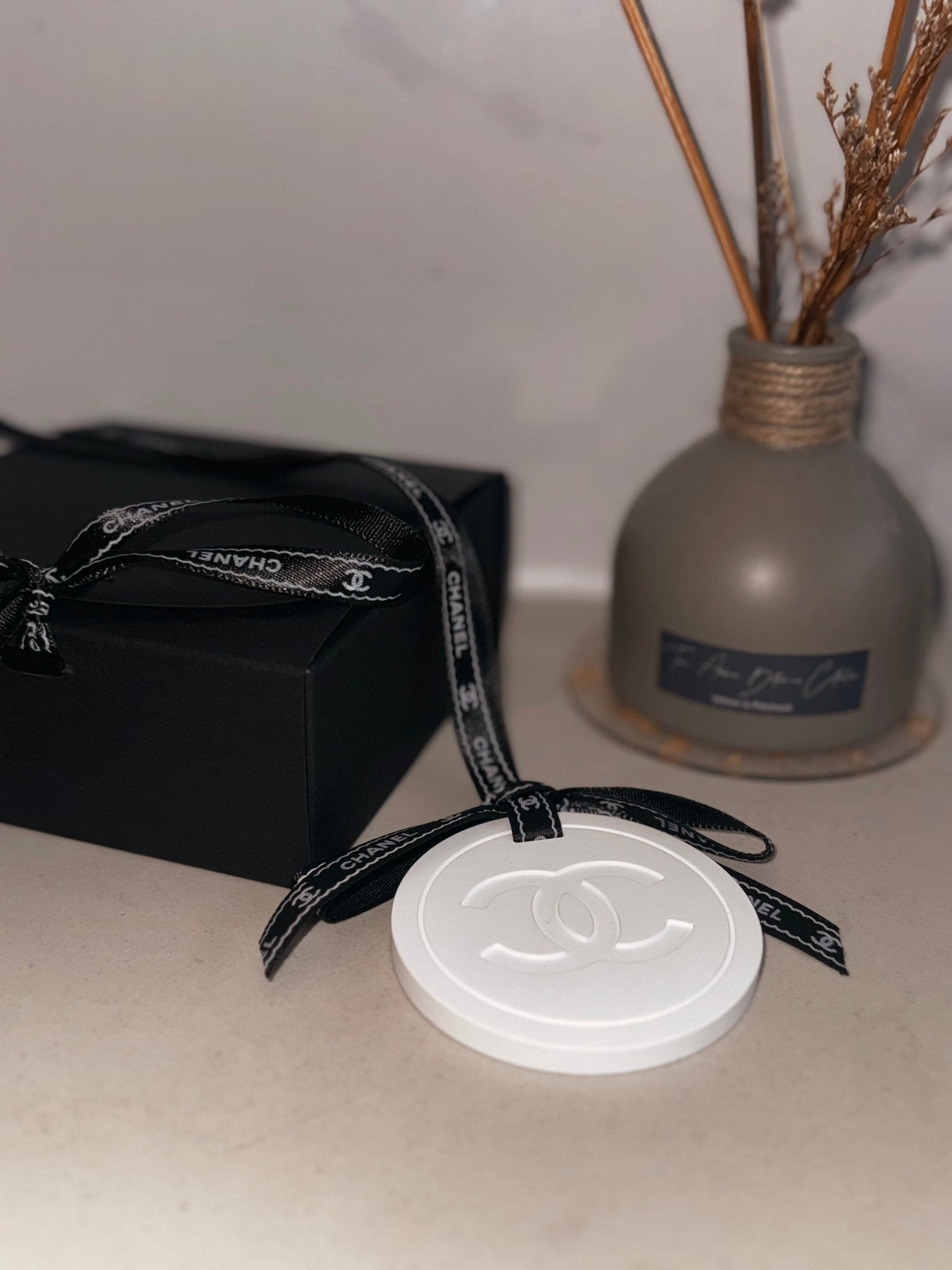 Chanel inspired car and home hanging air freshener perfect gift present anniversary and birthday - white ribbon Christmas decorations - Aura & Aroma
