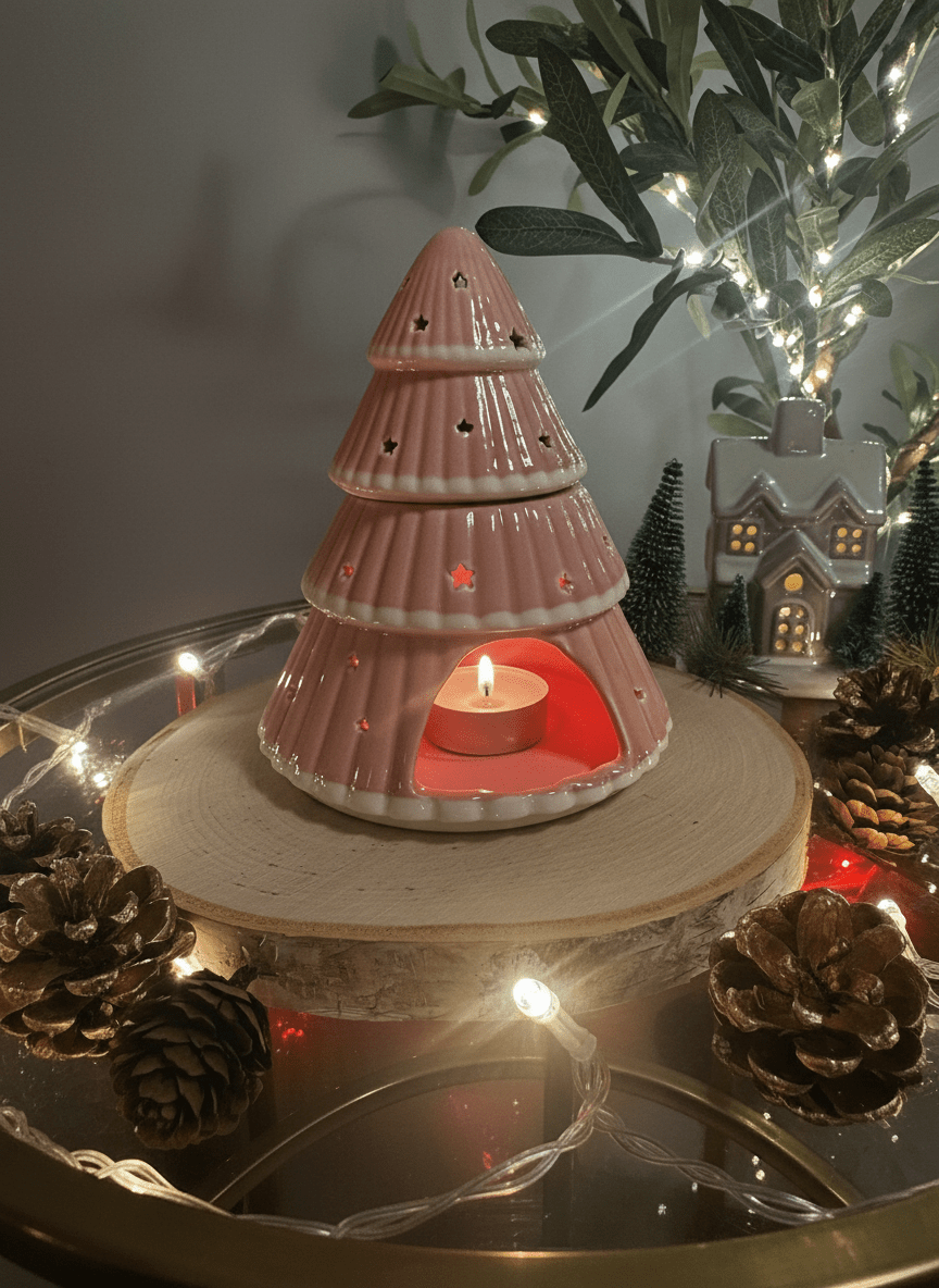 🌸 Pink Christmas Tree Ceramic Oil Burner 🎄✨ - Aura & Aroma