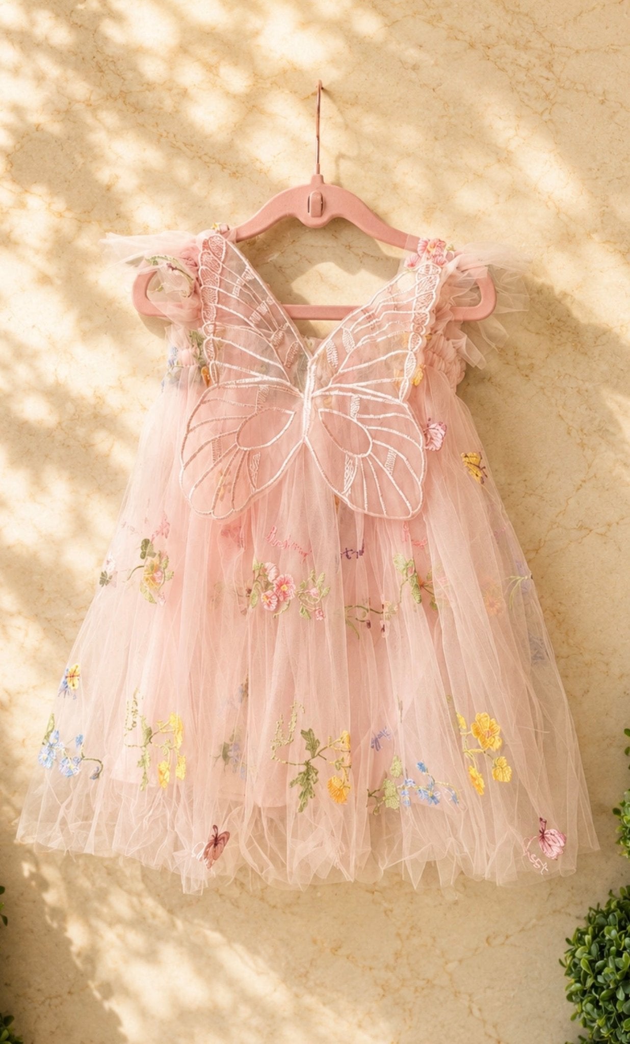 Pink fairy tutu dress with butterfly wings embroidered tulle birthday outfit occasions - Aura & Aroma