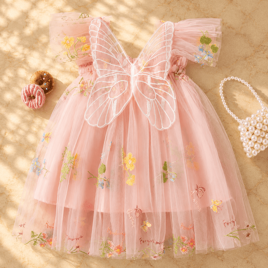 Pink fairy tutu dress with butterfly wings embroidered tulle birthday outfit occasions - Aura & Aroma